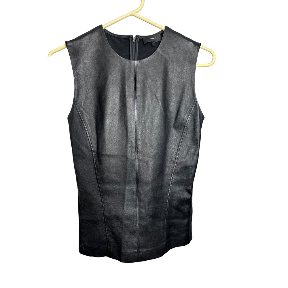 Theory Black‎ Lamb Leather Front Sleeveless Top Bristol Modern Seamed Shell S - Picture 2 of 7